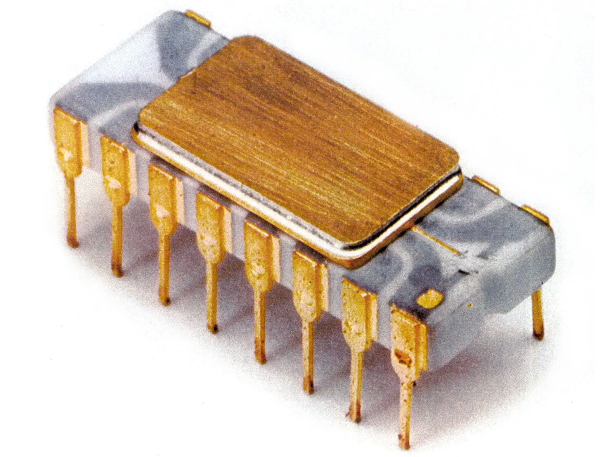 An Intel 4004, the first commercial CPU. Released in 1971, it contained 2300 transistors