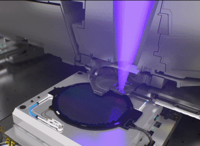 EUV stepper transferring pattern to dies on a wafer.
